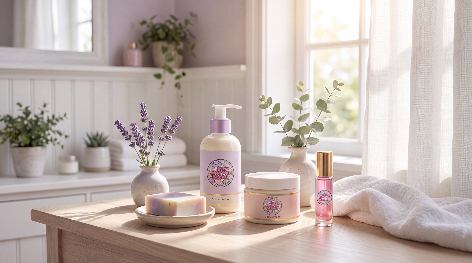 J&E Heaven Scent handmade skincare collection on a sunlit vanity